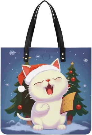 Handbags for WomenCute Cat Sing Christmas CarolsTrendy Vegan Leather Hobo Handbags,Women's Soft Bucket Bag For Women - Ladies Handbags For Work, Travel, Casual Use,Birthday Gifts