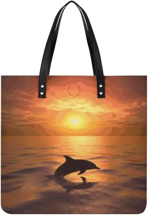 Handbags for WomenDolphin And SunsetTrendy Vegan Leather Hobo Handbags,Women's Soft Bucket Bag For Women - Ladies Handbags For Work, Travel, Casual Use,Birthday Gifts