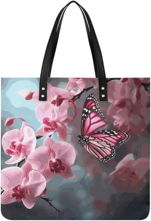 Handbags for WomenOrchid Flower ButterflyTrendy Vegan Leather Hobo Handbags,Women's Soft Bucket Bag For Women - Ladies Handbags For Work, Travel, Casual Use,Birthday Gifts