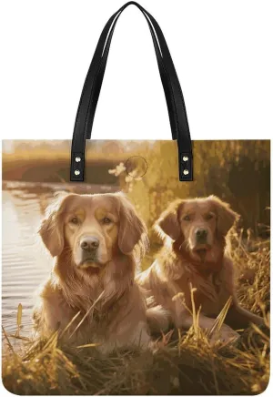 Handbags for WomenTwo Golden RetrieversTrendy Vegan Leather Hobo Handbags,Women's Soft Bucket Bag For Women - Ladies Handbags For Work, Travel, Casual Use,Birthday Gifts
