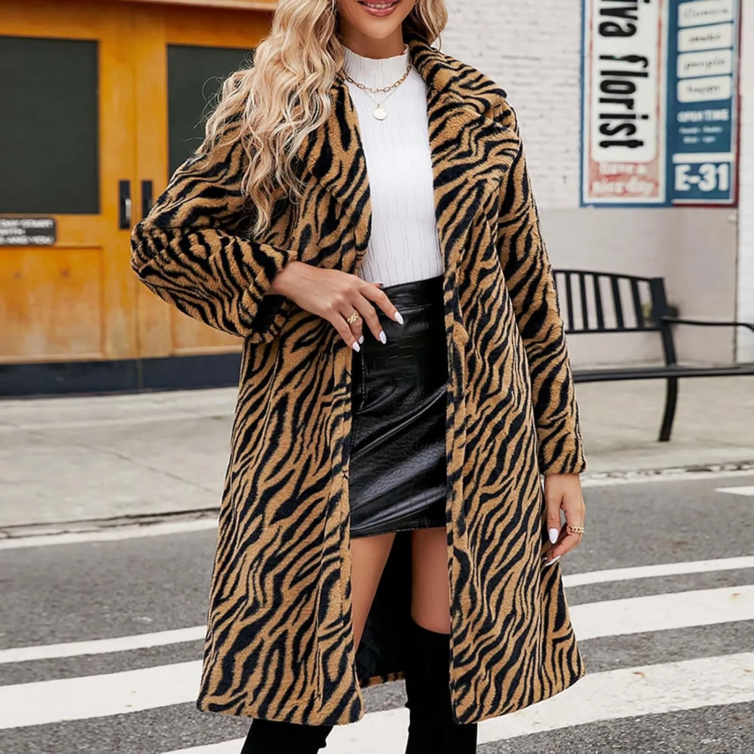 HGps8w Faux Fur Winter Coats for Women Zebra Print Shaggy Warm Outerwear Mid-Long Furry Overcoat Open Front Cardigan Jackets