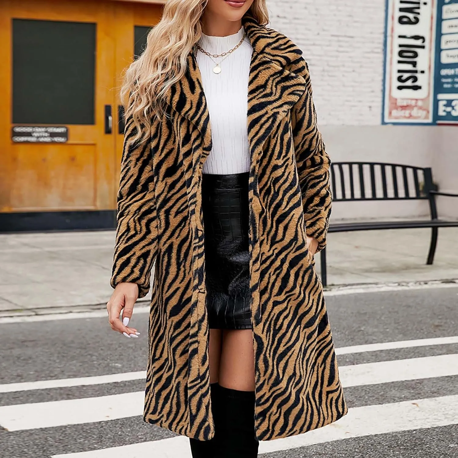 HGps8w Faux Fur Winter Coats for Women Zebra Print Shaggy Warm Outerwear Mid-Long Furry Overcoat Open Front Cardigan Jackets