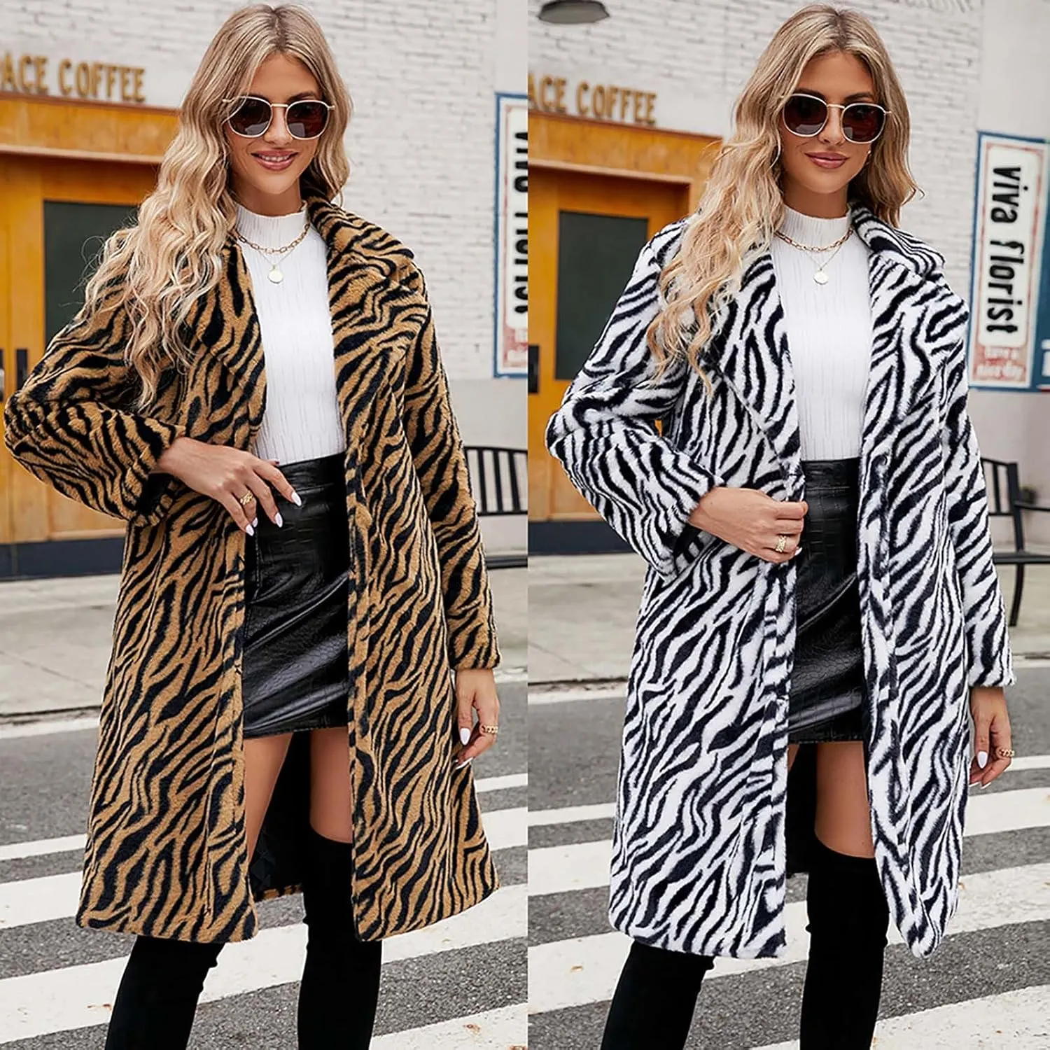 HGps8w Faux Fur Winter Coats for Women Zebra Print Shaggy Warm Outerwear Mid-Long Furry Overcoat Open Front Cardigan Jackets