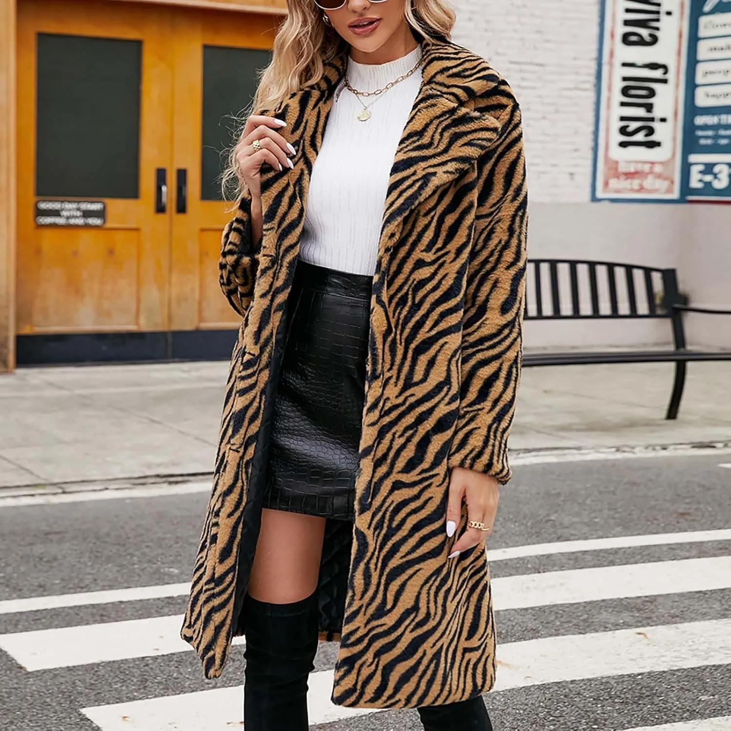 HGps8w Faux Fur Winter Coats for Women Zebra Print Shaggy Warm Outerwear Mid-Long Furry Overcoat Open Front Cardigan Jackets