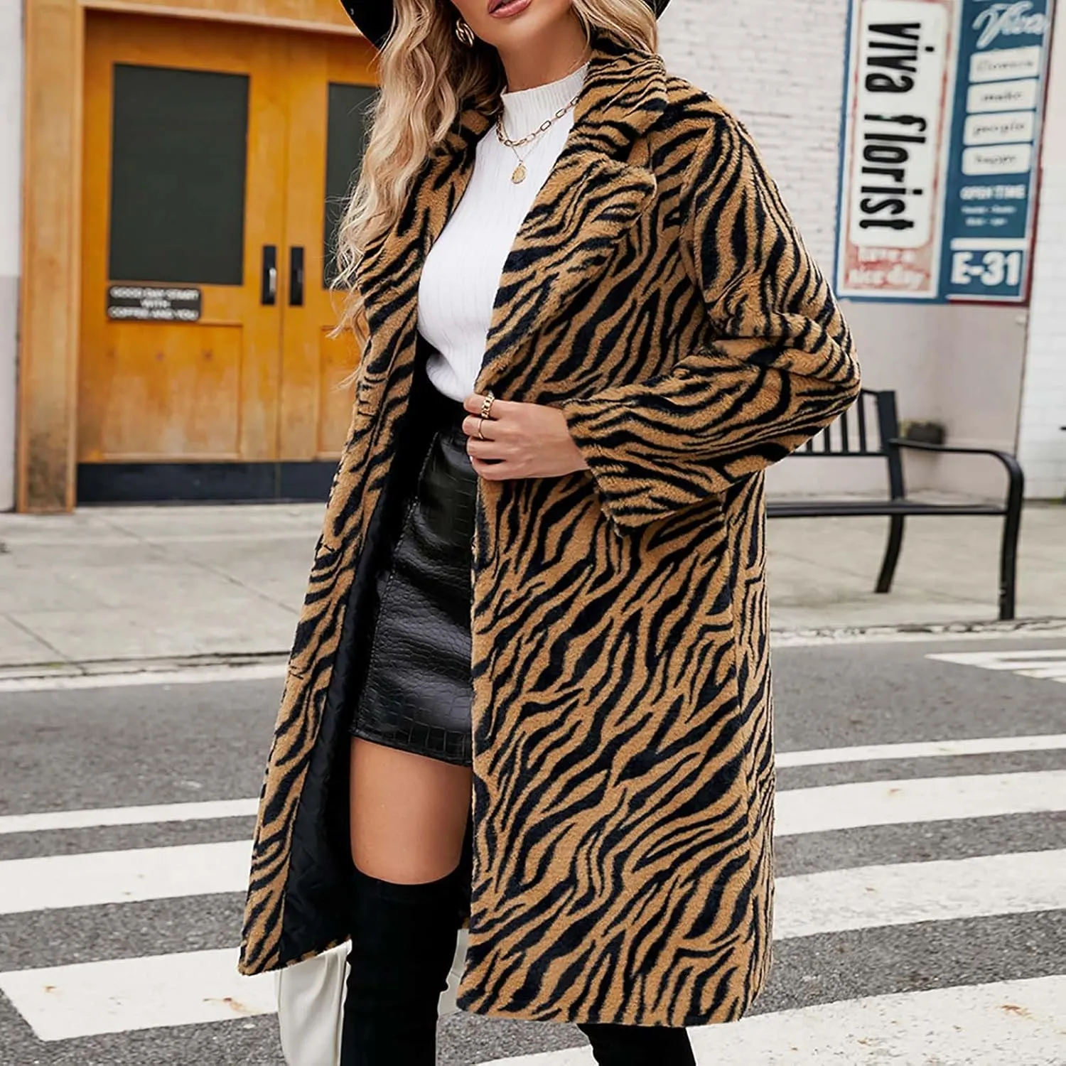 HGps8w Faux Fur Winter Coats for Women Zebra Print Shaggy Warm Outerwear Mid-Long Furry Overcoat Open Front Cardigan Jackets