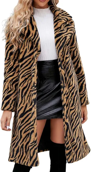 HGps8w Faux Fur Winter Coats for Women Zebra Print Shaggy Warm Outerwear Mid-Long Furry Overcoat Open Front Cardigan Jackets