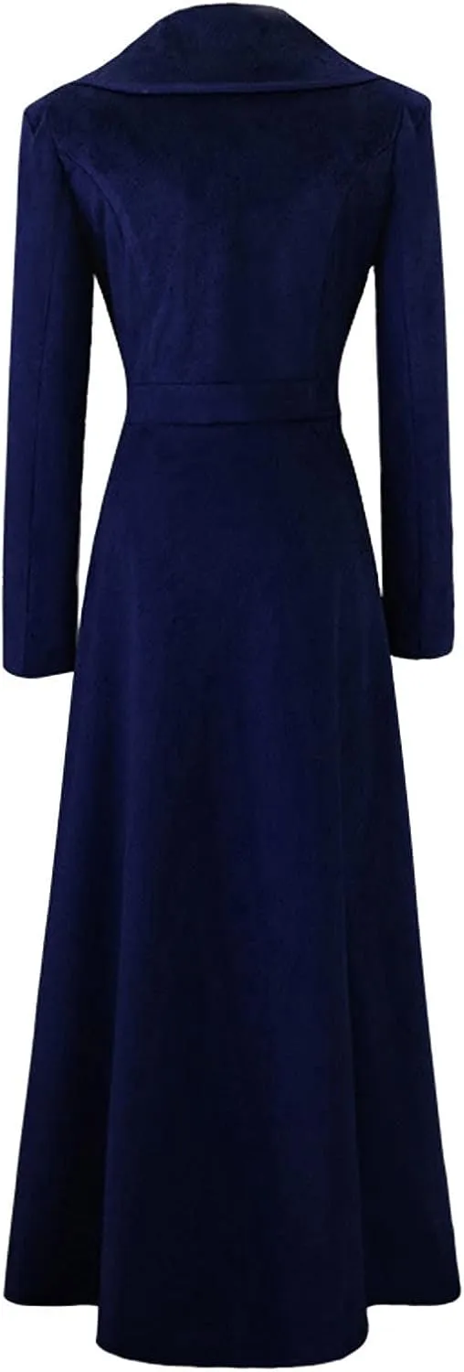 HGps8w Women Vintage Velvet Trench Coat Double Breasted Swing Dress Jacket Winter Warm Long Overcoat Windbreaker