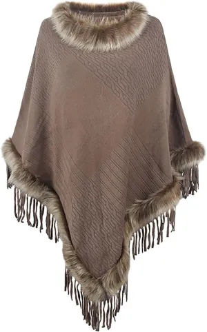 HGps8w Women's Elegant Faux Fur Poncho Cape with Fringed Hem, 2025 Winter Warm Pull On Cloak Coat for Party Daily Wear