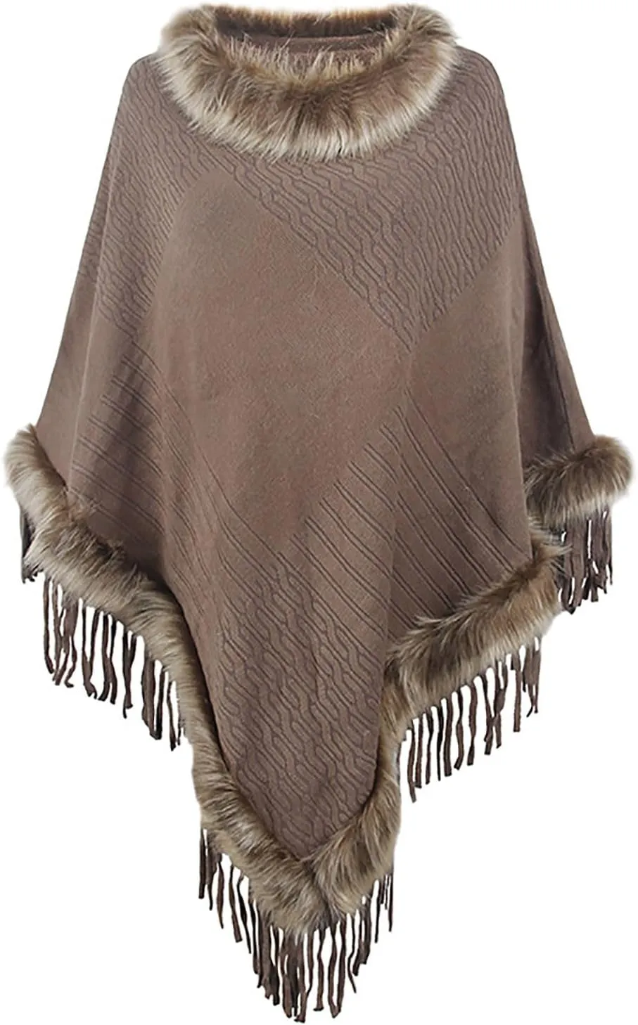 HGps8w Women's Elegant Faux Fur Poncho Cape with Fringed Hem, 2025 Winter Warm Pull On Cloak Coat for Party Daily Wear