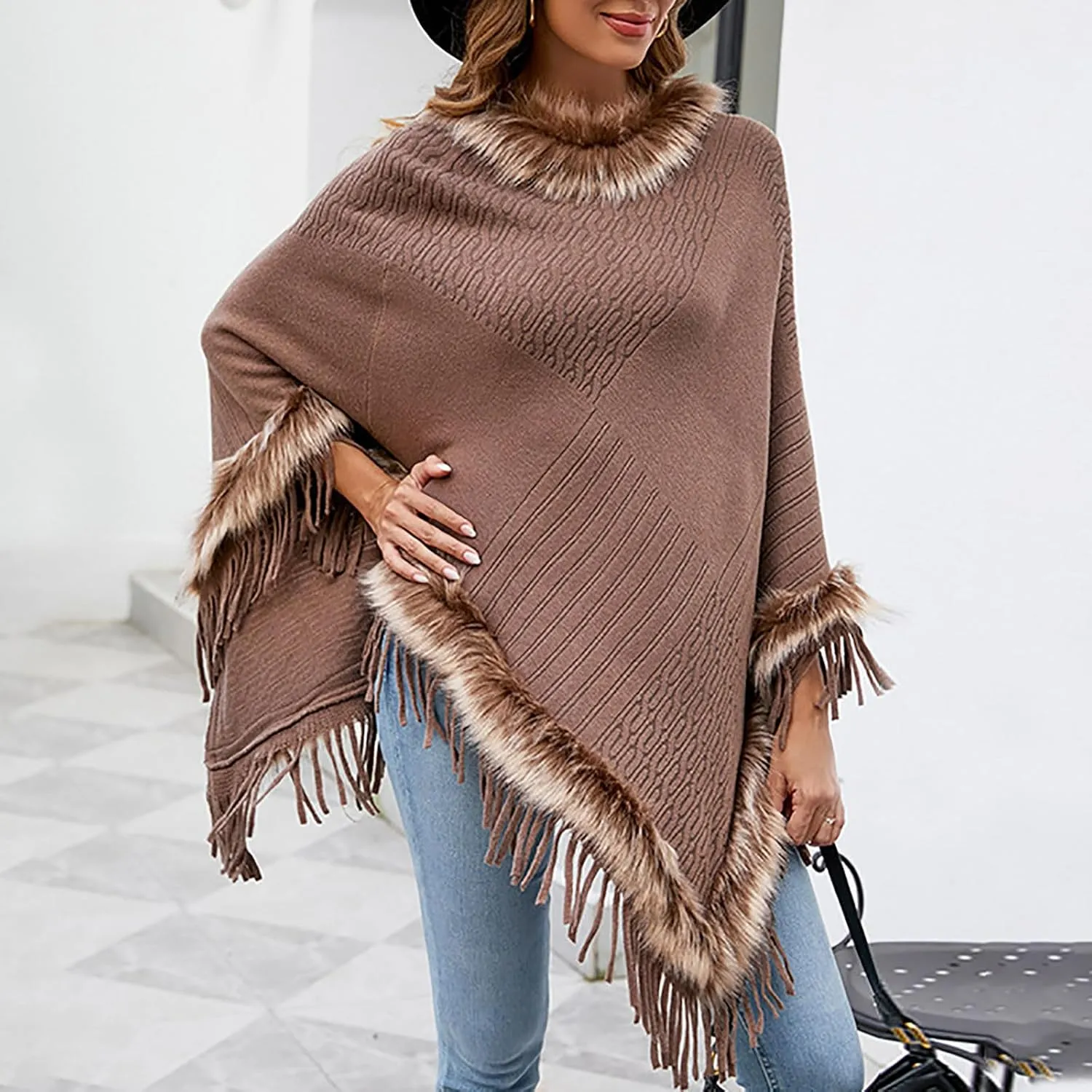 HGps8w Women's Elegant Faux Fur Poncho Cape with Fringed Hem, 2025 Winter Warm Pull On Cloak Coat for Party Daily Wear