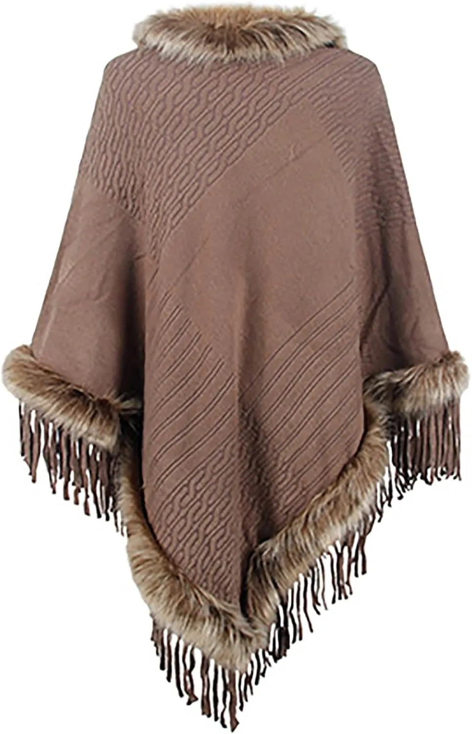 HGps8w Women's Elegant Faux Fur Poncho Cape with Fringed Hem, 2025 Winter Warm Pull On Cloak Coat for Party Daily Wear