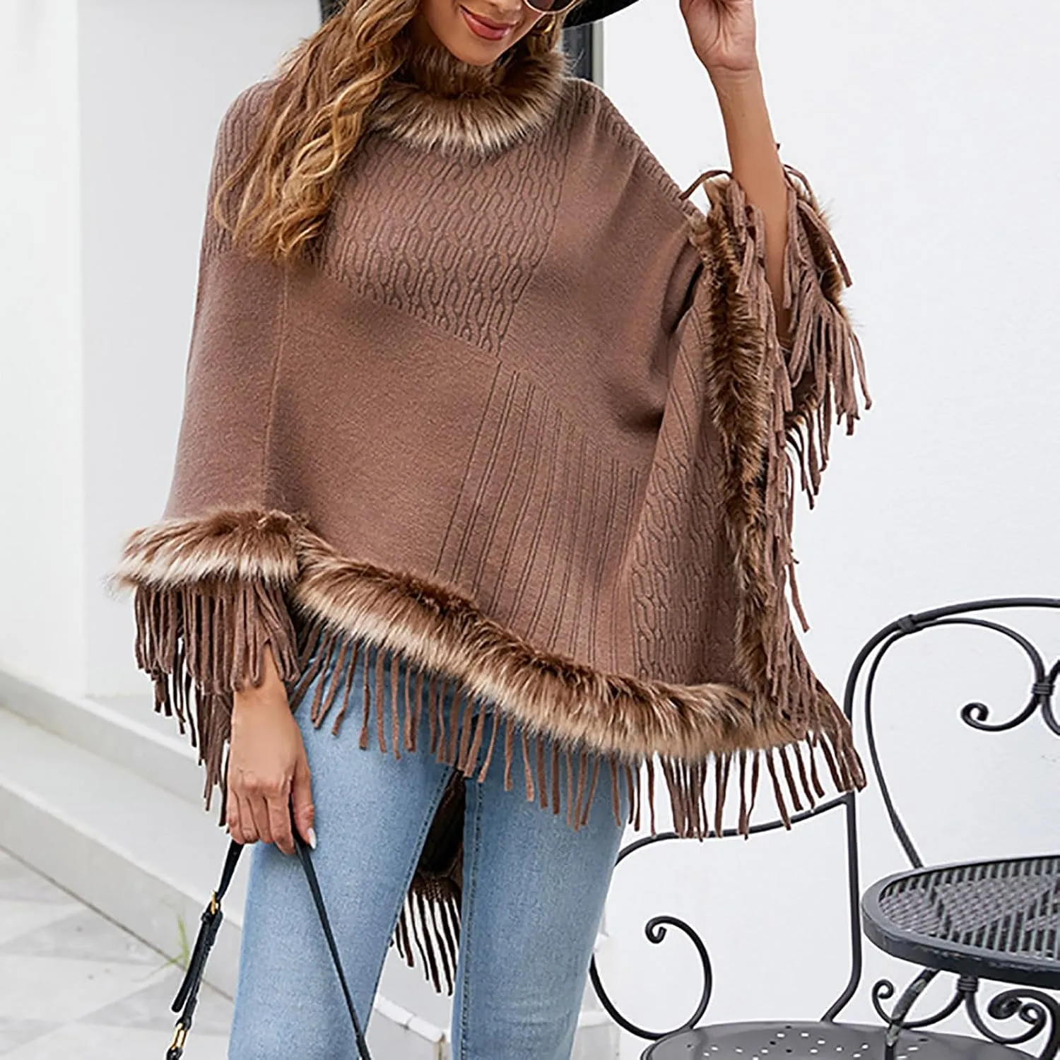 HGps8w Women's Elegant Faux Fur Poncho Cape with Fringed Hem, 2025 Winter Warm Pull On Cloak Coat for Party Daily Wear