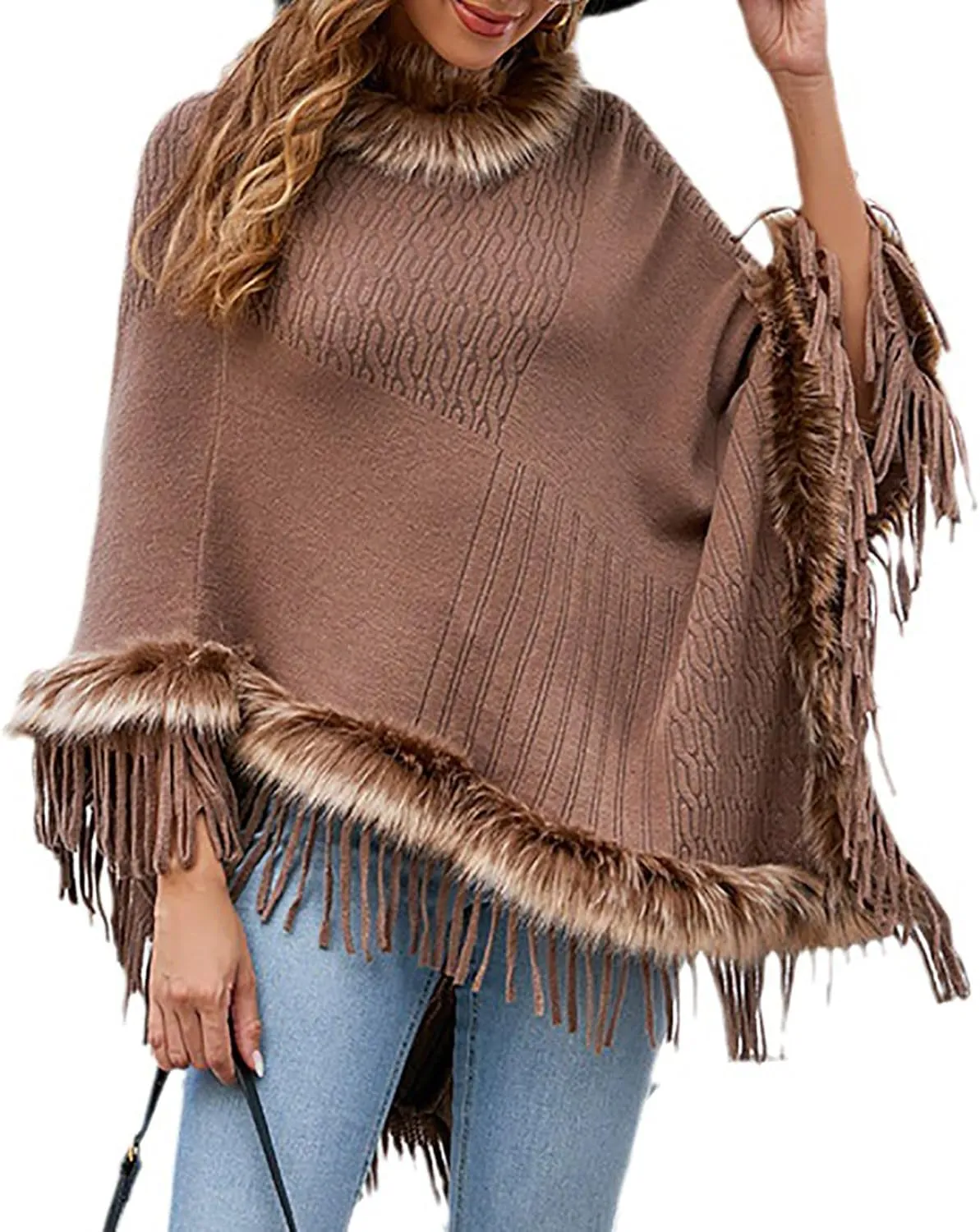 HGps8w Women's Elegant Faux Fur Poncho Cape with Fringed Hem, 2025 Winter Warm Pull On Cloak Coat for Party Daily Wear