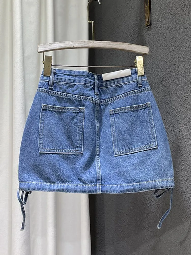 High-Waisted Loose Denim Skirt for Women,Trendy Patchwork Bandage Cargo Style,Solid Color Wrap Hip,Summer