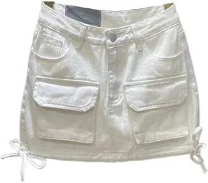 High-Waisted Loose Denim Skirt for Women,Trendy Patchwork Bandage Cargo Style,Solid Color Wrap Hip,Summer