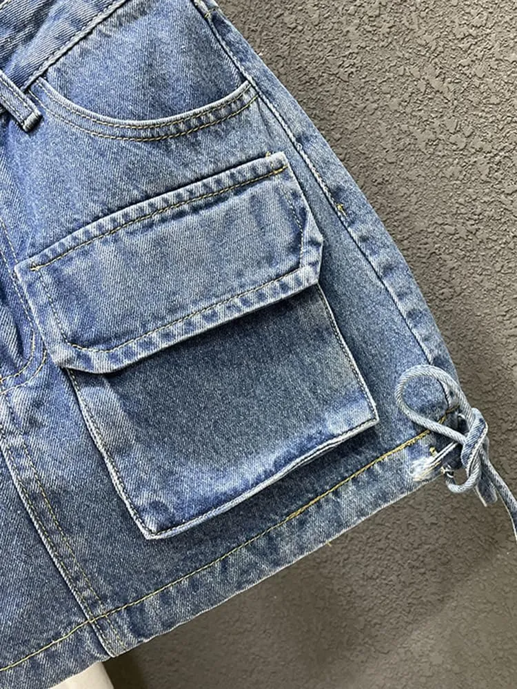 High-Waisted Loose Denim Skirt for Women,Trendy Patchwork Bandage Cargo Style,Solid Color Wrap Hip,Summer