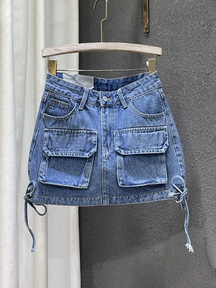 High-Waisted Loose Denim Skirt for Women,Trendy Patchwork Bandage Cargo Style,Solid Color Wrap Hip,Summer