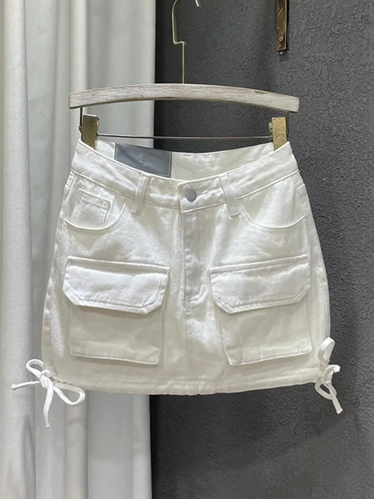 High-Waisted Loose Denim Skirt for Women,Trendy Patchwork Bandage Cargo Style,Solid Color Wrap Hip,Summer