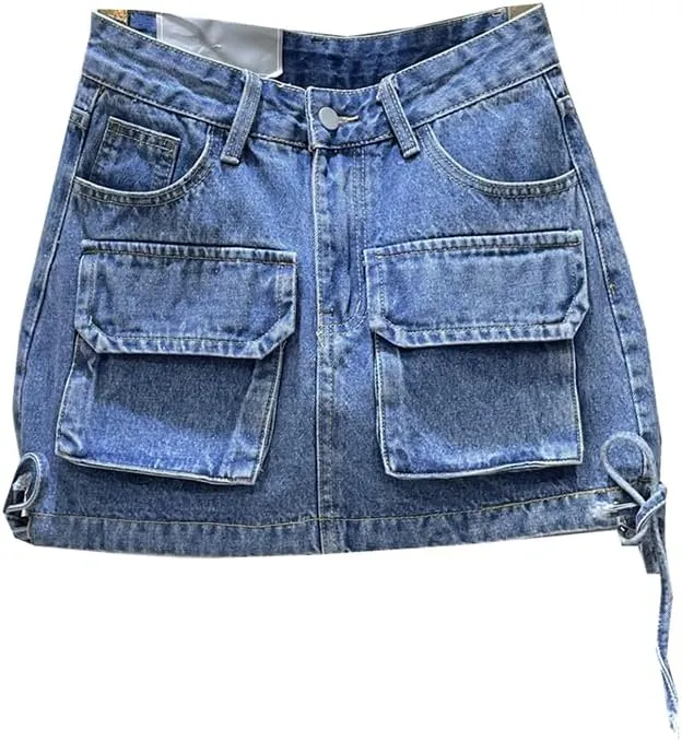 High-Waisted Loose Denim Skirt for Women,Trendy Patchwork Bandage Cargo Style,Solid Color Wrap Hip,Summer