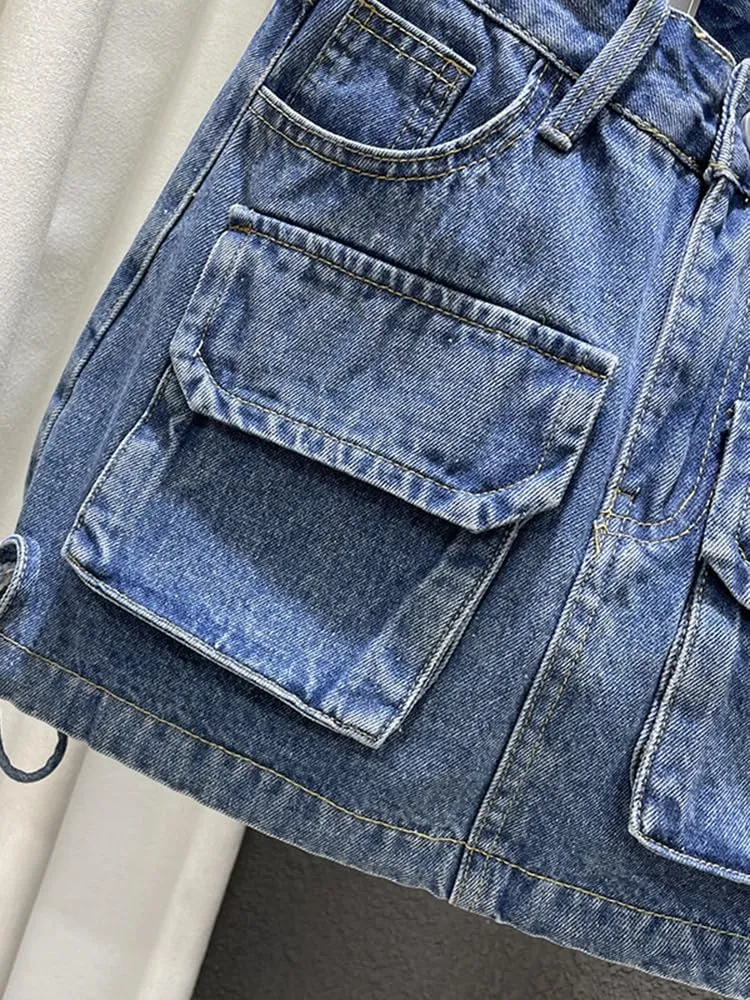 High-Waisted Loose Denim Skirt for Women,Trendy Patchwork Bandage Cargo Style,Solid Color Wrap Hip,Summer