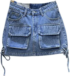 High-Waisted Loose Denim Skirt for Women,Trendy Patchwork Bandage Cargo Style,Solid Color Wrap Hip,Summer