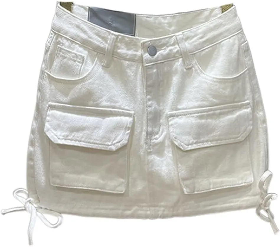High-Waisted Loose Denim Skirt for Women,Trendy Patchwork Bandage Cargo Style,Solid Color Wrap Hip,Summer