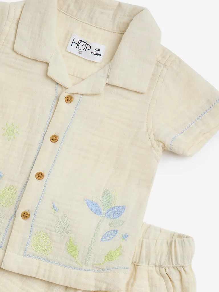 HOP Baby Off-White Crinkle Cotton Shirt with Shorts Set