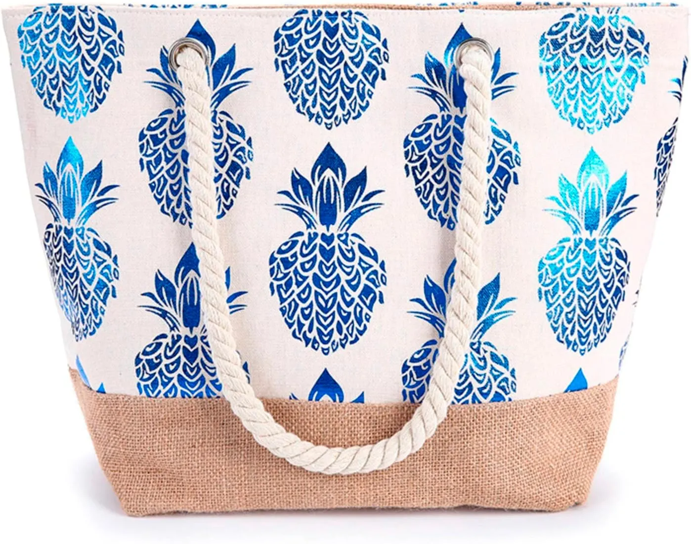 Hot Fashion Metallic Pineapple Print Canvas Summer Vacation Beach Shoulder Bag Women Rope Casual (Blue, One Size)