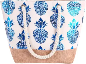 Hot Fashion Metallic Pineapple Print Canvas Summer Vacation Beach Shoulder Bag Women Rope Casual (Blue, One Size)