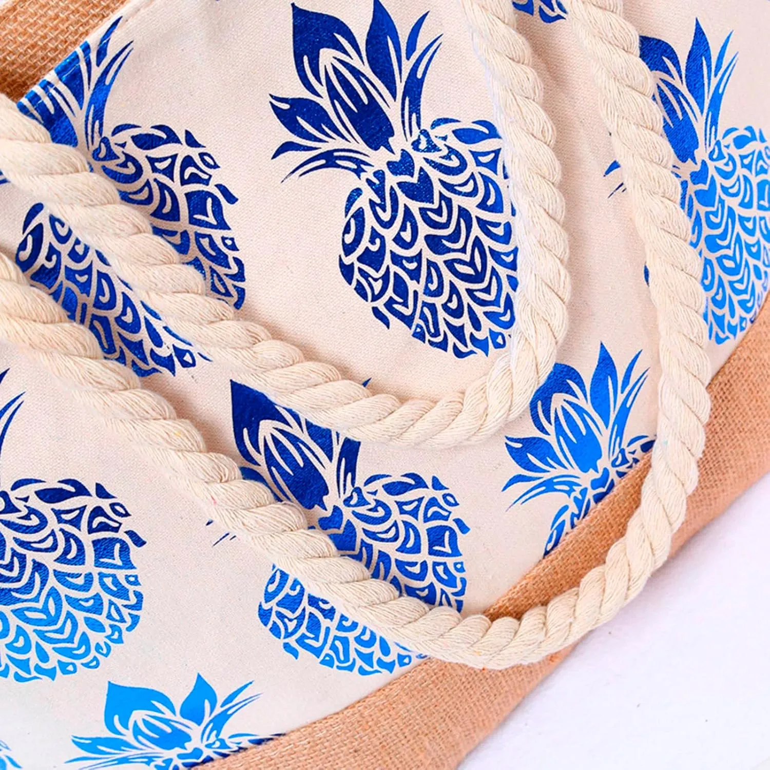 Hot Fashion Metallic Pineapple Print Canvas Summer Vacation Beach Shoulder Bag Women Rope Casual (Blue, One Size)