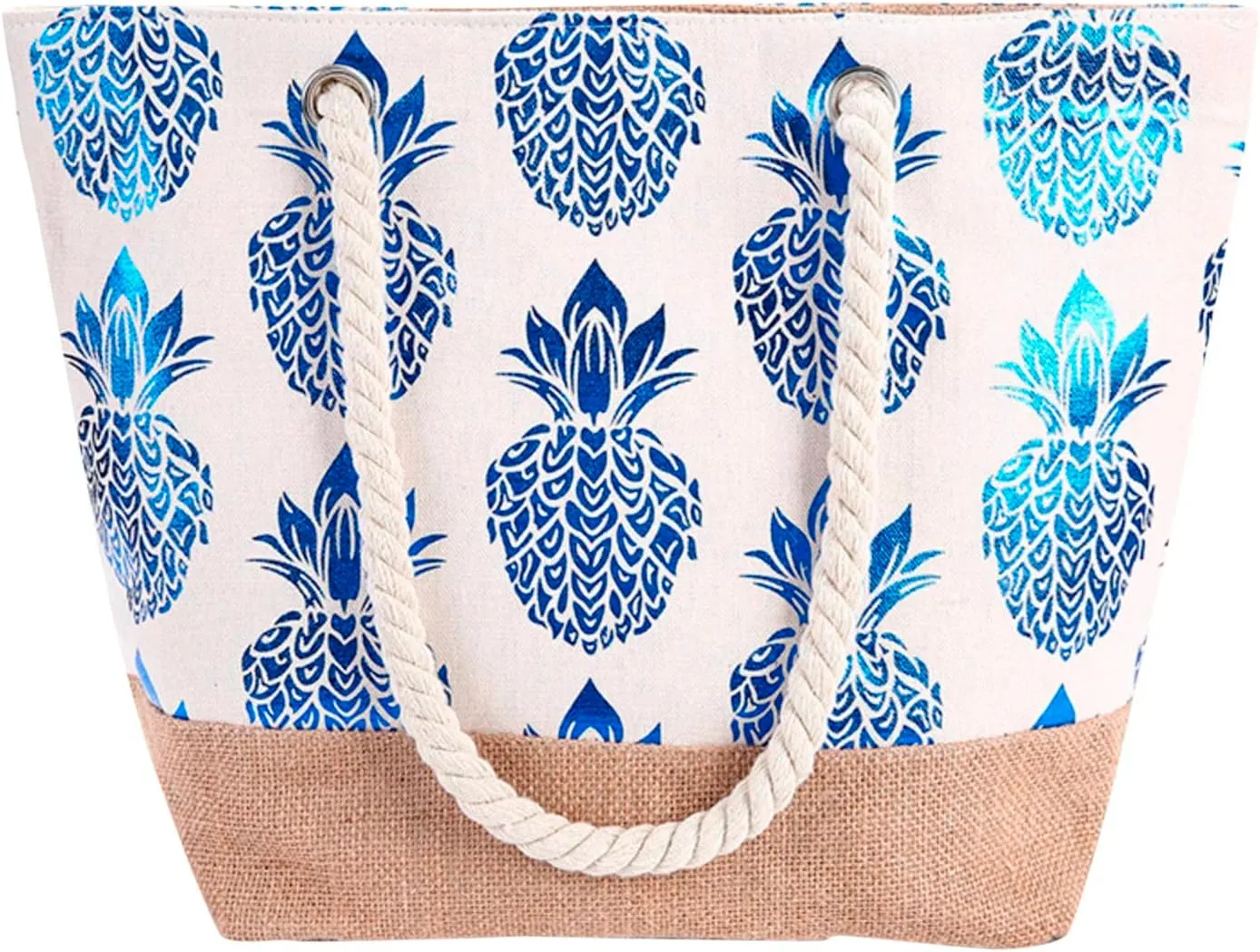Hot Fashion Metallic Pineapple Print Canvas Summer Vacation Beach Shoulder Bag Women Rope Casual (Blue, One Size)