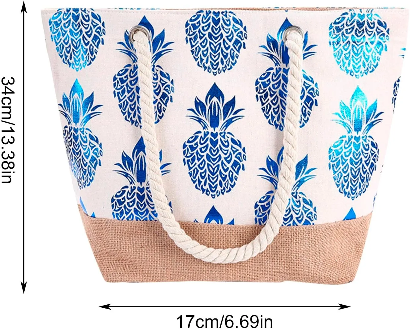 Hot Fashion Metallic Pineapple Print Canvas Summer Vacation Beach Shoulder Bag Women Rope Casual (Blue, One Size)