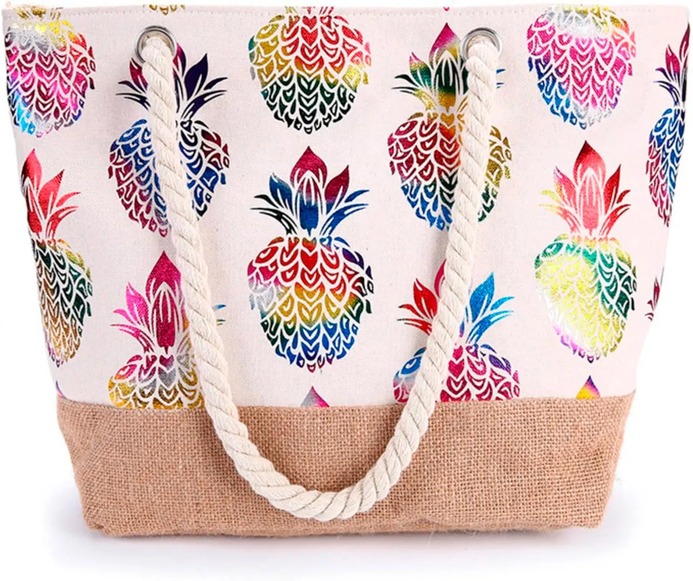 Hot Fashion Metallic Pineapple Print Canvas Summer Vacation Beach Shoulder Bag Women Rope Casual Handbag Work (One Size)