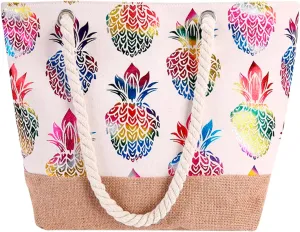 Hot Fashion Metallic Pineapple Print Canvas Summer Vacation Beach Shoulder Bag Women Rope Casual Handbag Work (One Size)
