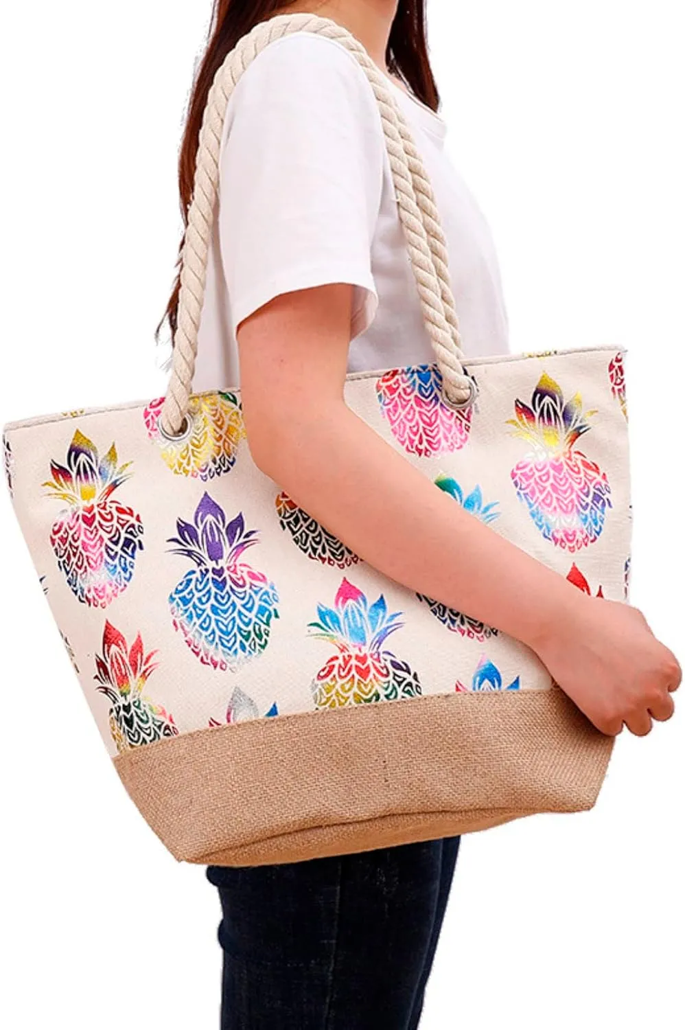 Hot Fashion Metallic Pineapple Print Canvas Summer Vacation Beach Shoulder Bag Women Rope Casual Handbag Work (One Size)