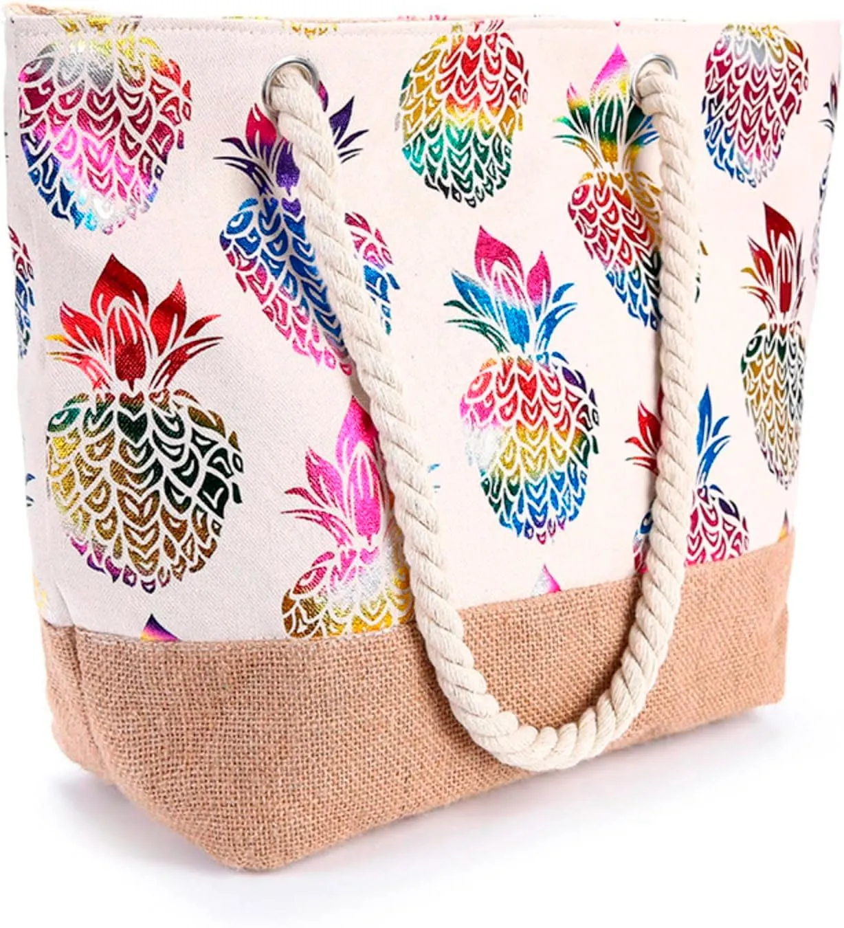 Hot Fashion Metallic Pineapple Print Canvas Summer Vacation Beach Shoulder Bag Women Rope Casual Handbag Work (One Size)