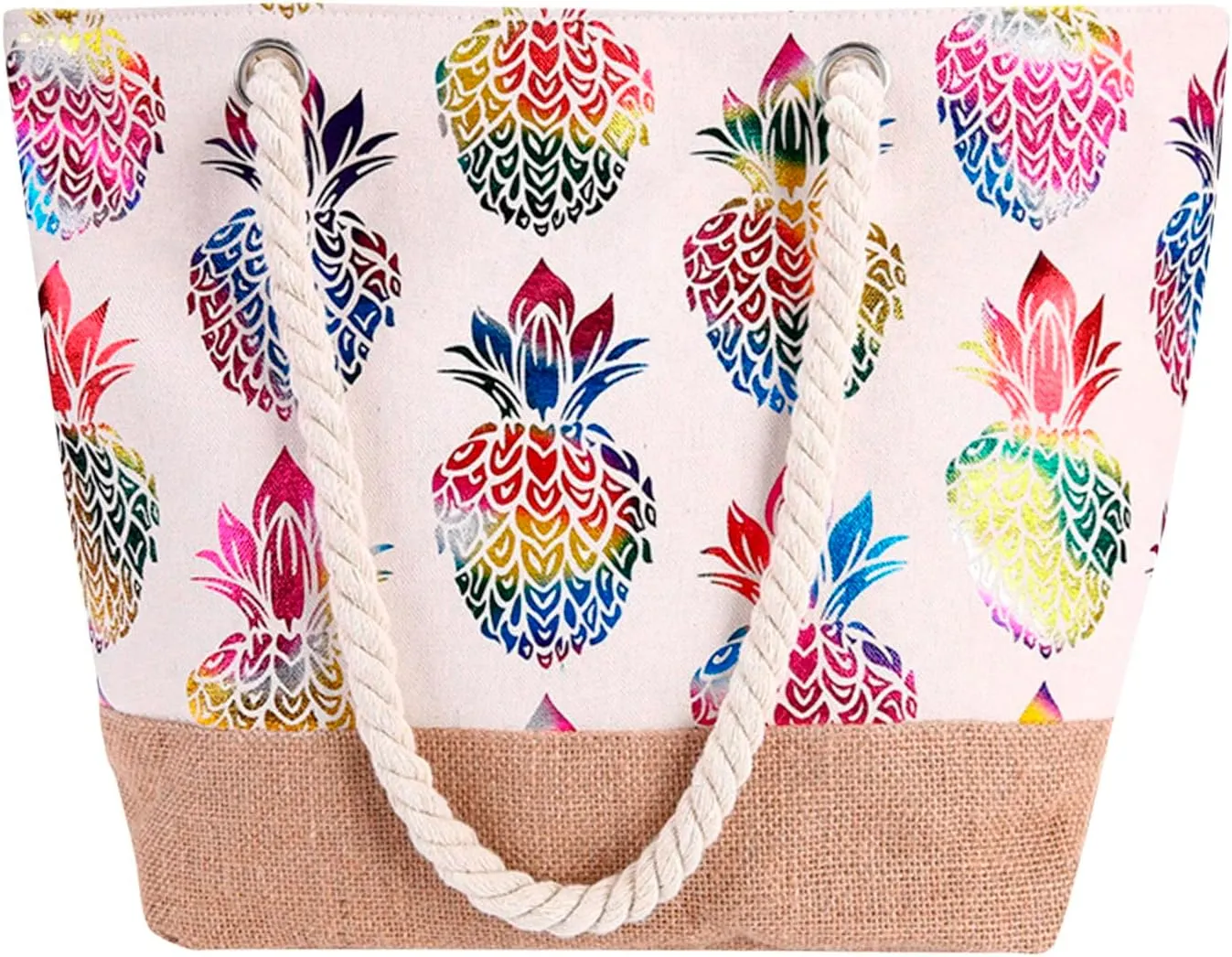 Hot Fashion Metallic Pineapple Print Canvas Summer Vacation Beach Shoulder Bag Women Rope Casual Handbag Work (One Size)