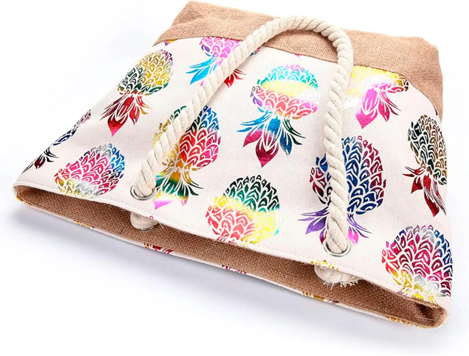 Hot Fashion Metallic Pineapple Print Canvas Summer Vacation Beach Shoulder Bag Women Rope Casual Handbag Work (One Size)