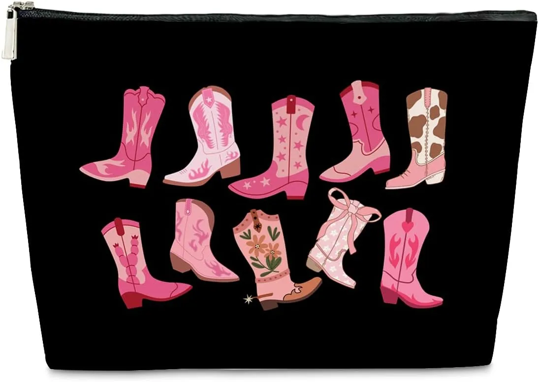 Hot Pink PU Leather Makeup Cosmetic Bag, Cowgirl Boots for Purse, Western Stuff for Women, Country Girl Gifts Pouch