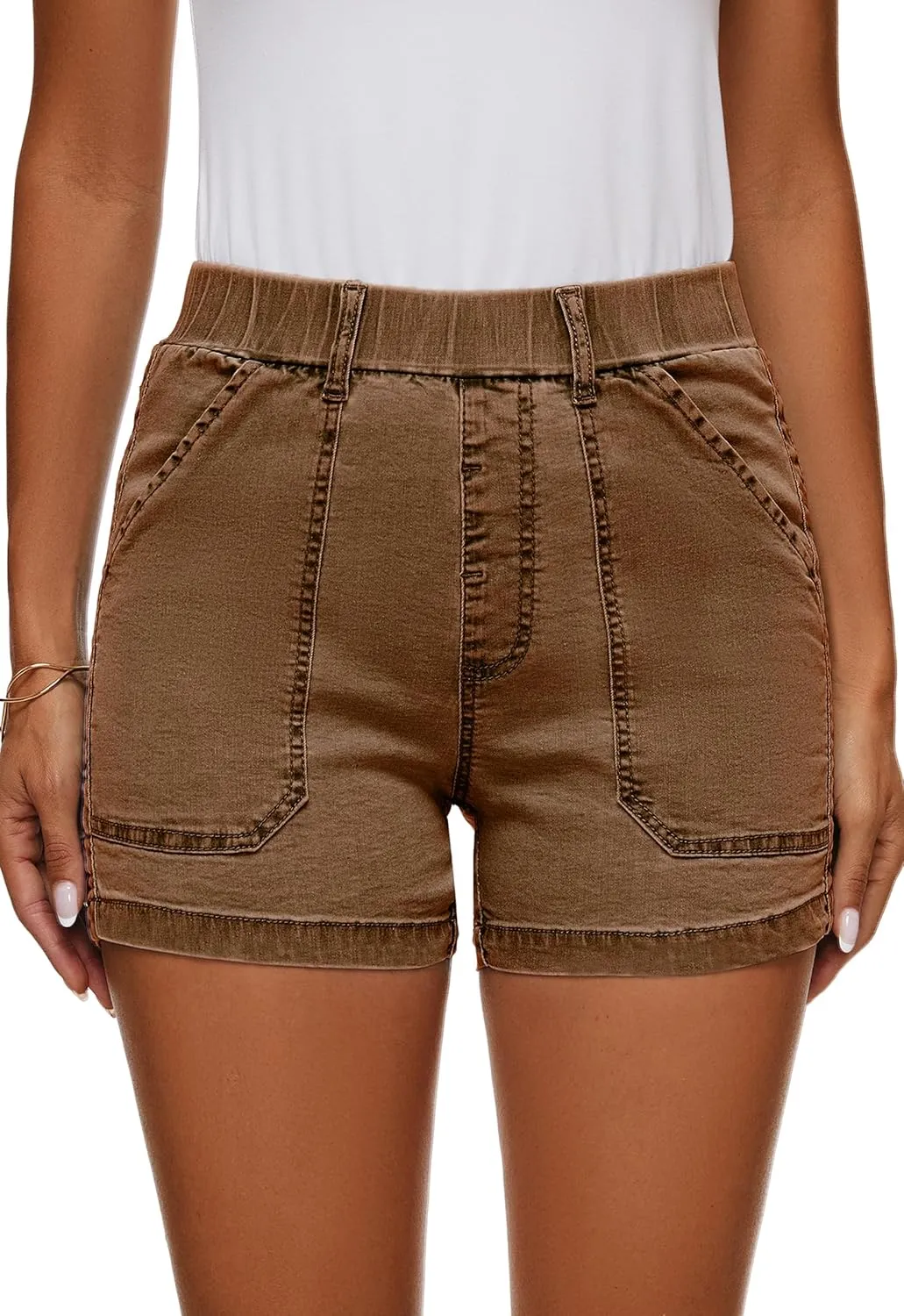 HVEPUO Womens Jean Shorts High Waisted Summer Cotton Stretchy Casual Pull On Beach Elastic Waist Denim Shorts with Pockets