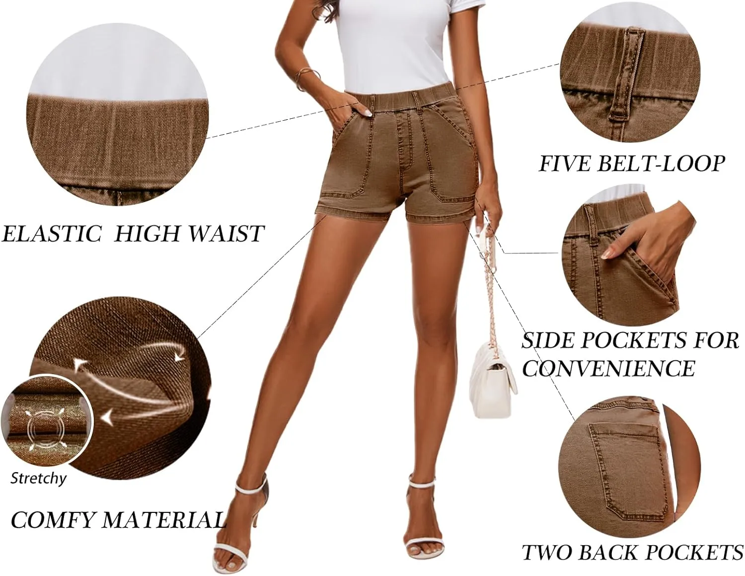HVEPUO Womens Jean Shorts High Waisted Summer Cotton Stretchy Casual Pull On Beach Elastic Waist Denim Shorts with Pockets