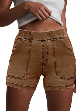 HVEPUO Womens Jean Shorts High Waisted Summer Cotton Stretchy Casual Pull On Beach Elastic Waist Denim Shorts with Pockets