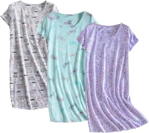 Inadays 3 Pack Women's Cotton Nightgown Sleepwear Short Sleeves Nightshirt Fun Print Sleepdress Loose Comfy Sleepshirts