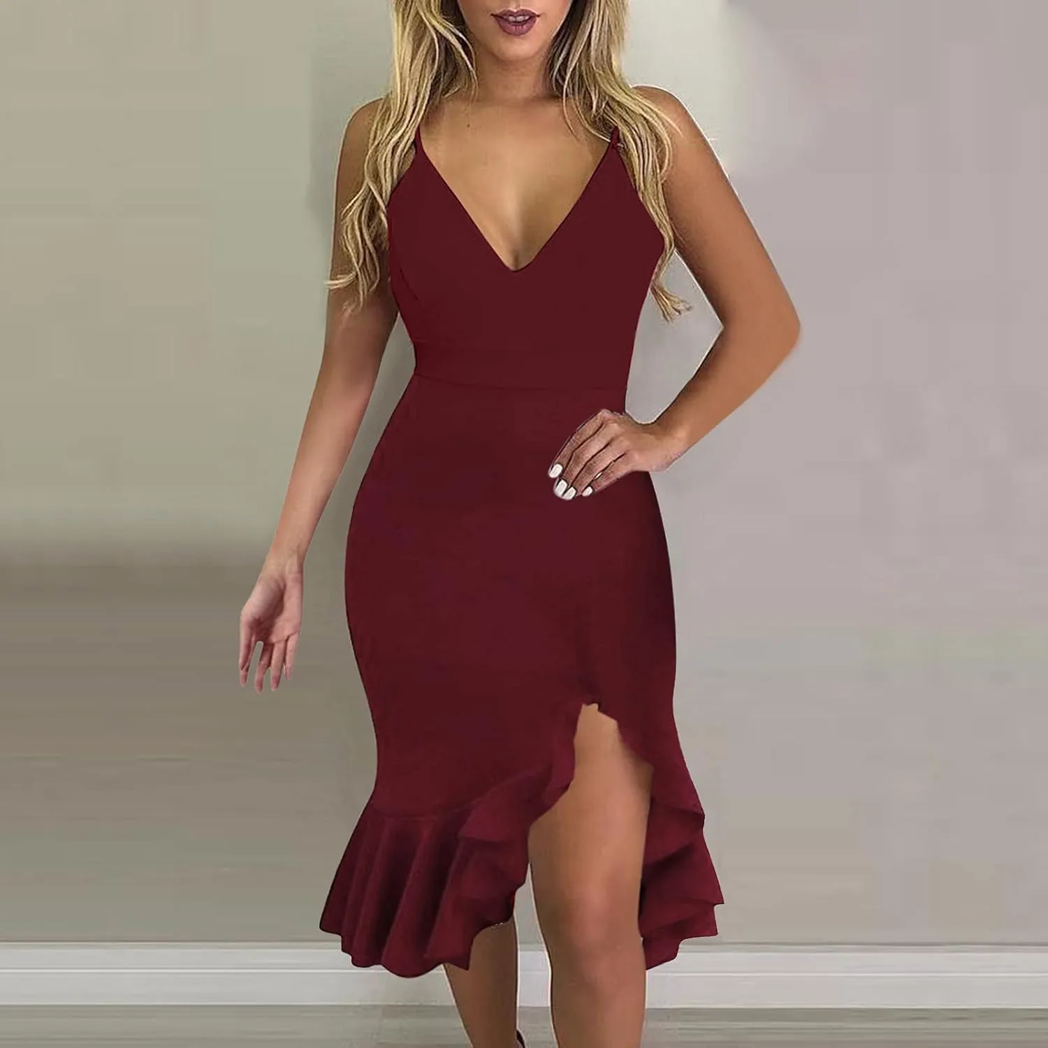 iQKA Women Sexy Cocktail Dress Ruffle Hem Sling Dresses Floral Print V Neck Sleeveless Pencil Dress Vestidos