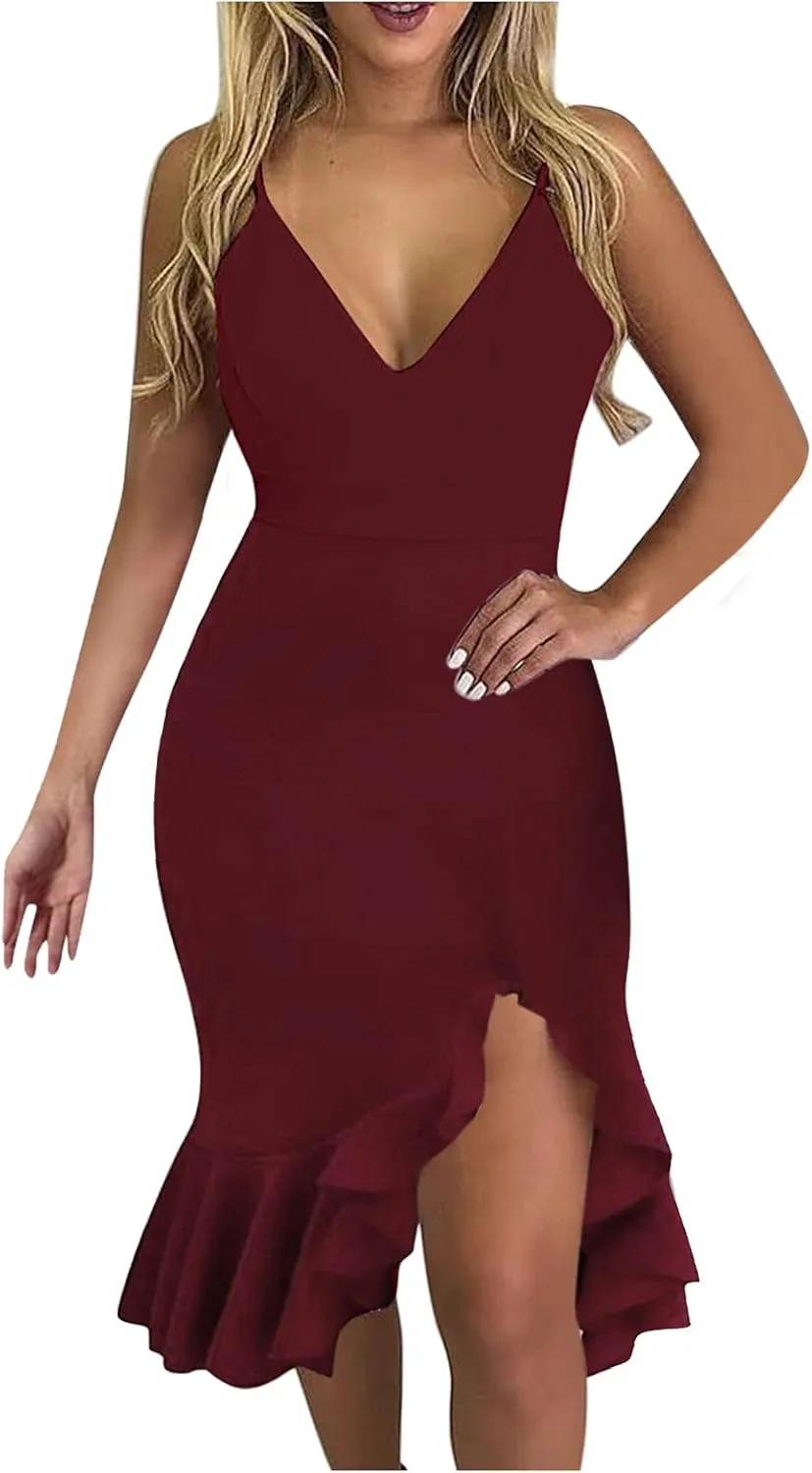 iQKA Women Sexy Cocktail Dress Ruffle Hem Sling Dresses Floral Print V Neck Sleeveless Pencil Dress Vestidos