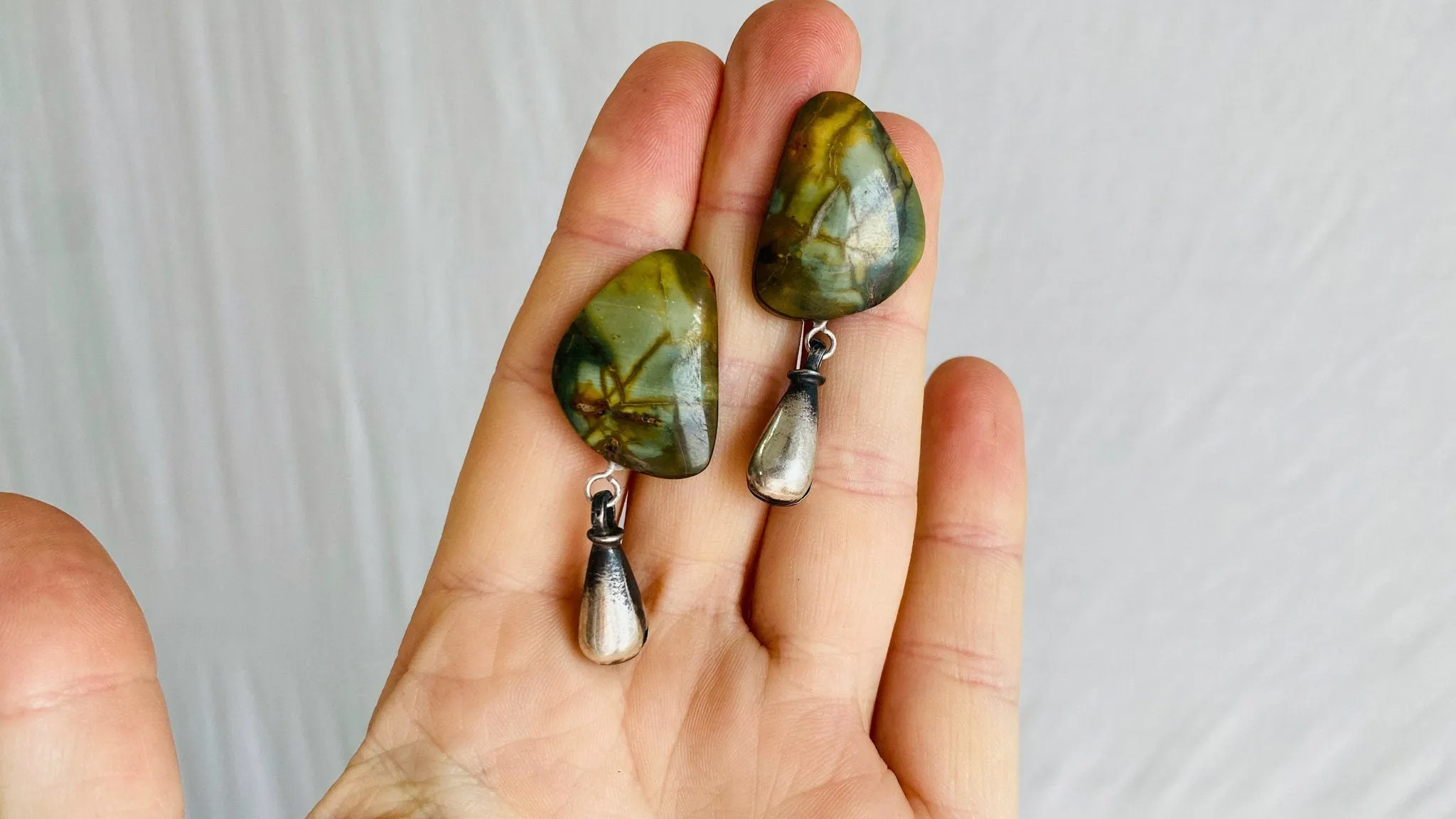 Jasper Earrings. Monte Alban Reproduction Bells. Sterling Silver. 0171