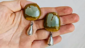 Jasper Earrings. Monte Alban Reproduction Bells. Sterling Silver
