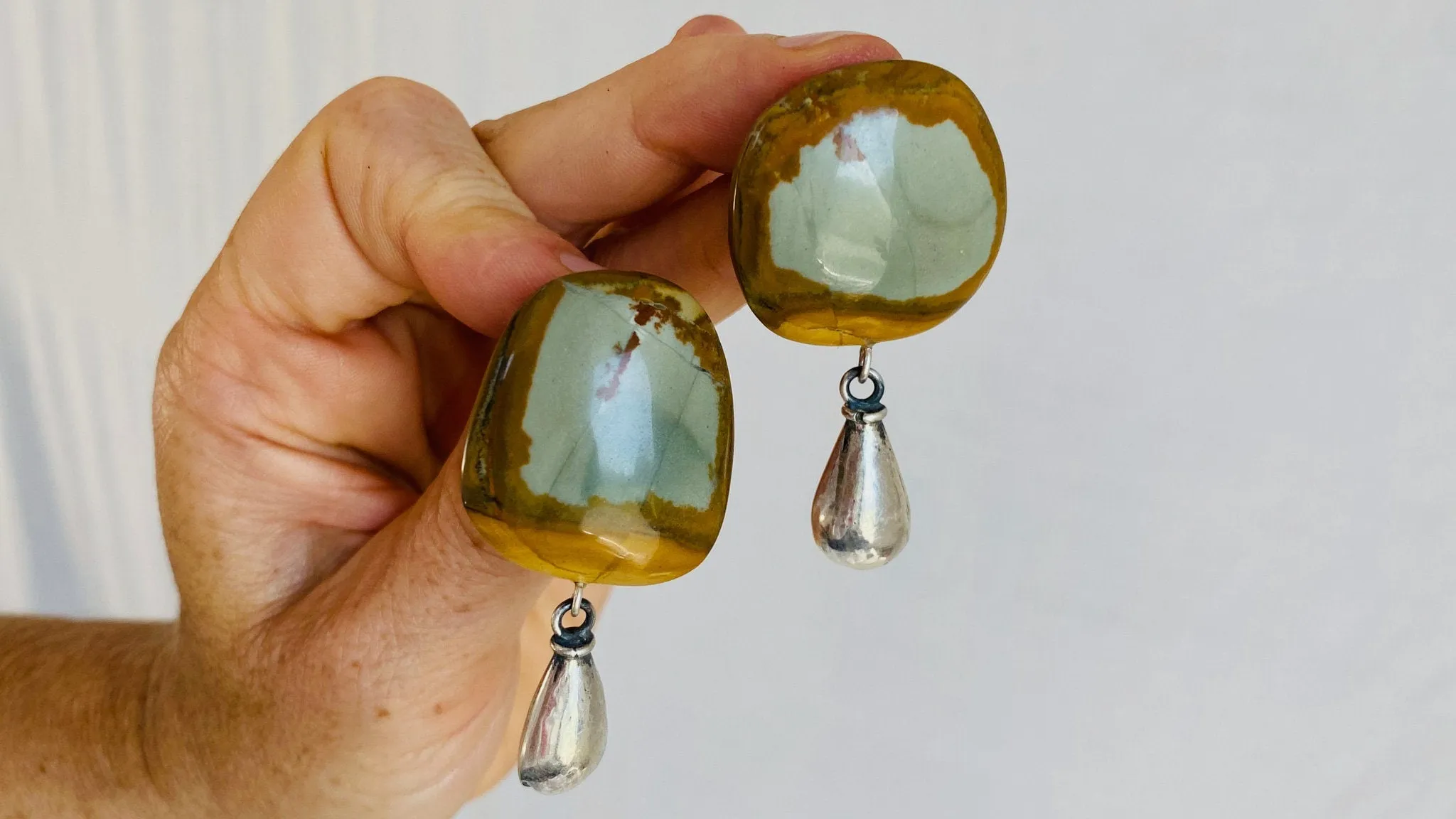 Jasper Earrings. Monte Alban Reproduction Bells. Sterling Silver