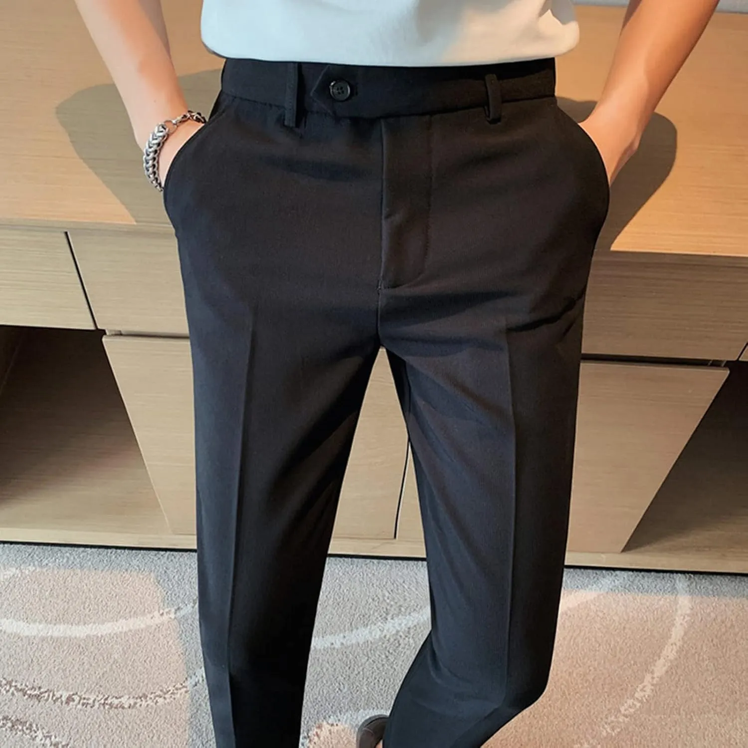 JEShifangjiusu Men's Skinny Fit Plaid Pants Business Dress Pants Chino Pant Stretch Slim Fit Casual Trousers Golf Long Pants