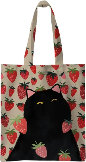 Jztco Preppy Tote Bag, Aesthetic Bows Strawberry Beach Bag, Cat Lovers Gifts for Women Sister, Reusable Grocery Bags